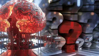 Model ludzkiego mózgu podpięty do aparatury elektronicznej i znaki zapytania
