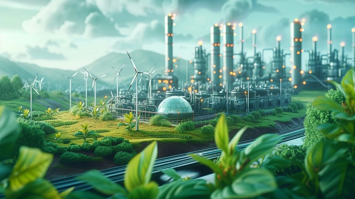 Image of a futuristic-looking energy plant surrounded by nature 