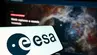 A decorative image of a phone screen with the ESA's logo in pront of a background with a photo of space