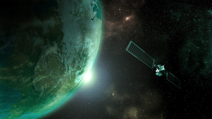 A decorative image of dark space with a green planet visible on the left and a satellite hovering next to it on the right.