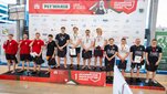 Photo of a podium with winners of a swimming competition