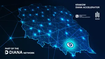 Grafika ilustracyjna przedstawiająca zarys mapy Polski z podświetlonymi punktami połączonymi siecią. Punktatorem zaznaczony jest Kraków. W lewym dolnym roku napis "Part of the DIANA Network". W prawym górnym rogu "Krakow DIANA Accelerator" oraz logotypy AGH i KPT.