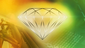 Abstract image with a silver diamond in the middle, yellow and green background with the AGH main building visible