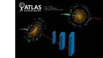 Sferyczna cząsteczka rozpada się. Z jednej strony cząsteczki wychodzą dwie cienkie czerwone linie prezentujące kierunek odlatujących mionów. Czerwone linie przechodzą przez trzy różnej wielkości oddalone od cząsteczki prostopadłościany. Z przeciwnej strony zielonym kolorem zaprezentowano zielony obszar sąsiadujący z cząsteczką. Obszar symbolizuje foton.