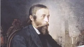 The graphic shows a portrait of Ignacy Łukasiewicz, who is wearing an elegant tailcoat and sitting on a carved wooden chair. Next to him, there is a table with tools used for petroleum distillation and a fat notebook with handwritten notes.