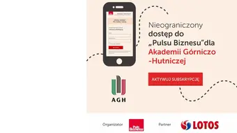 Plakat zawierający treść nieograniczony dostęp do Pulsu Biznesu dla AGH.