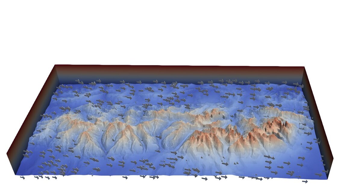 Rysunek prezentuje trójwymiarową symulację ruchu powietrza nad Tatrami. Teren jest pokryty siatką topograficzną zbudowaną z trójkątnych elementów. Niebieski kolor mają niższe partie gór, a wyższe szczyty przechodzą stopniowo w kolor pomarańczowy. Północno-zachodni wiatr został oznaczony szarymi strzałkami.