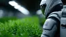 An astronaut in a white suit and a helmet is looking at a row of green, leafy plants in a large room.