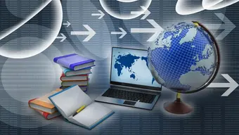 Abstrakcyjna grafika ilustracyjna przedstawiająca obrazki kojarzące się z edukacją: globus, laptop, książki.