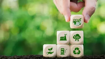 Image of wooden cubes with green icons representing eco-friendly concepts, a hand is visible placing another cube in top with the letters CCUS, the background of the image is green.