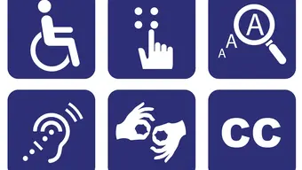 Grafika przedstawia sześć ikon symbolizujących różne funkcje dostępności: osoba na wózku inwalidzkim (mobilność), palec wskazujący alfabet Braille’a (niewidomi), lupa nad literą A (powiększanie tekstu), ucho z falami dźwiękowymi (wsparcie słuchowe), dłonie w geście języka migowego (komunikacja migowa) oraz litery CC (napisy dla osób niesłyszących).