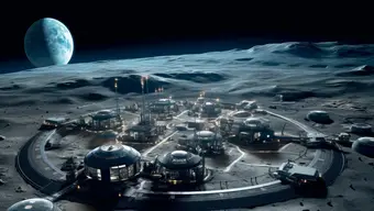 Zdjęcie futurystycznej stacji kosmicznej zlokalizowanej na planecie.