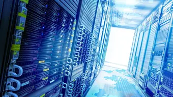 A picture of the insides of a complex supercomputer with a view on the world