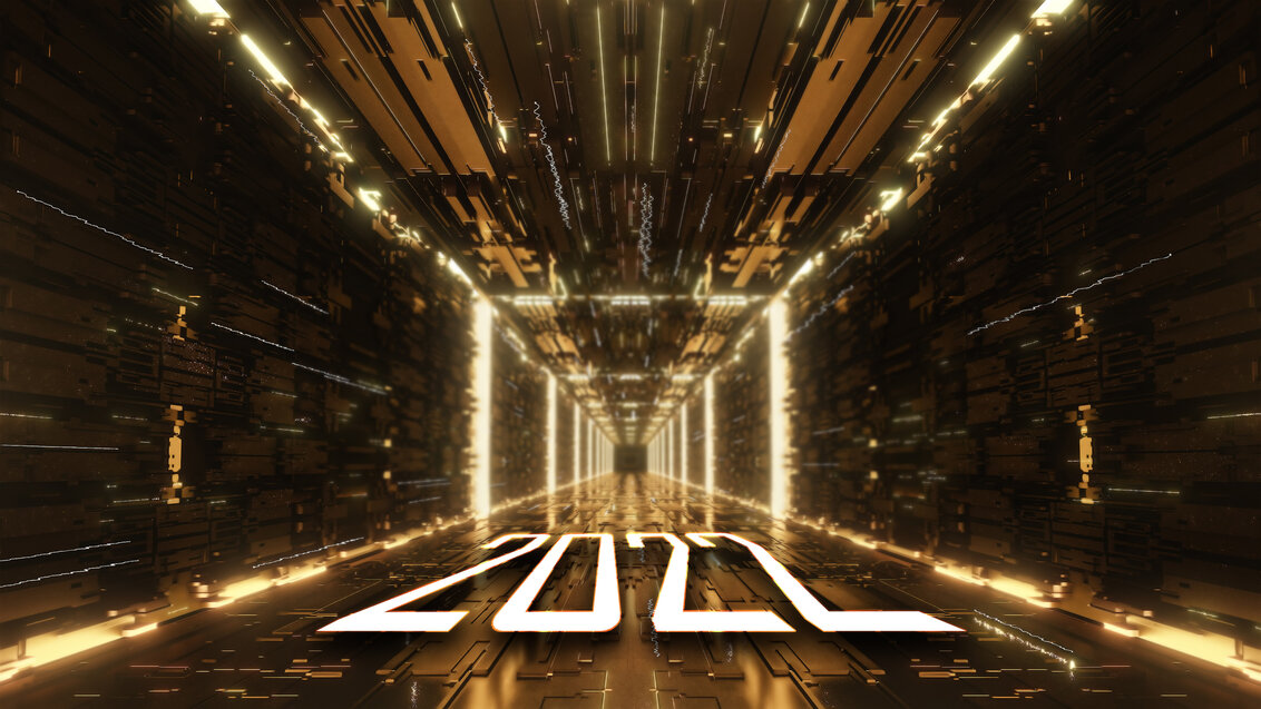 Abstract image of a futuristic tunnel in gold. At the bottom is the number 2022 suspended horizontally.