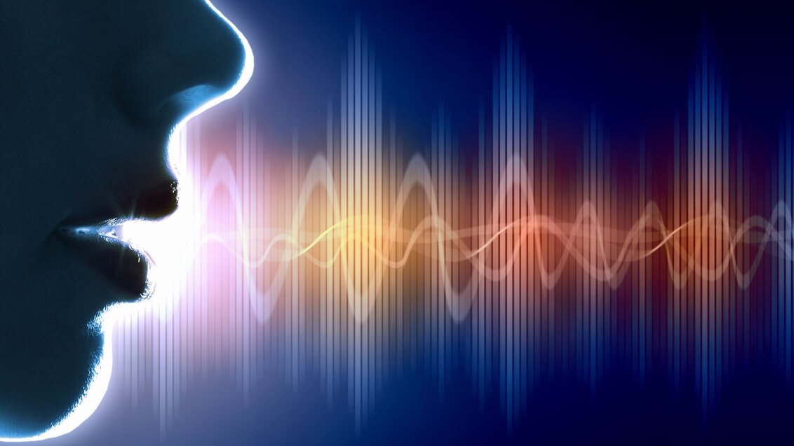 Kolorowa grafika dekoracyjna. Po lewej stronie część profilu twarzy ludzkiej. Z ust wydobywa się dźwięk zobrazowany wykresem fali dźwiękowej.