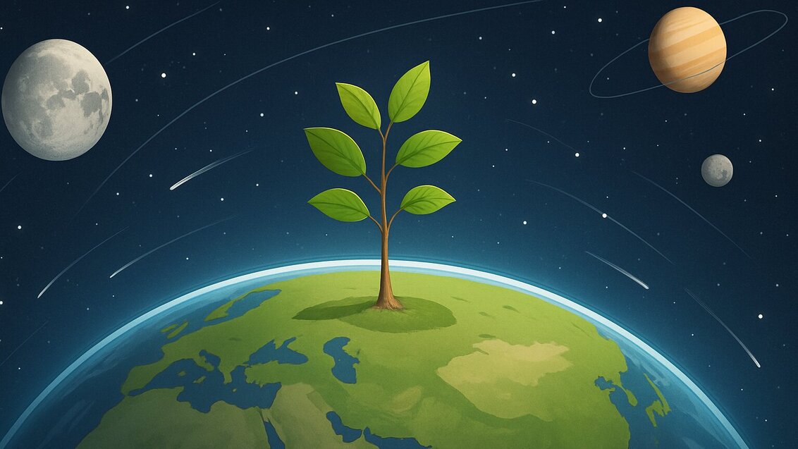 A small tree with bright green leaves grows on Earth seen in space, surrounded by planets and shooting stars