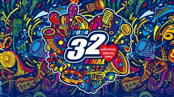 Wielobarwna grafika informacyjna z napisem "32 finał" oraz czerwonym serduszkiem z napisem "wielka orkiestra świątecznej pomocy"