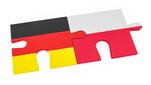 Colourful illustrative image of two puzzle pieces put together: one (on the left) in the colours of the German flag, the other (on the right) in the colours of the Polish flag.