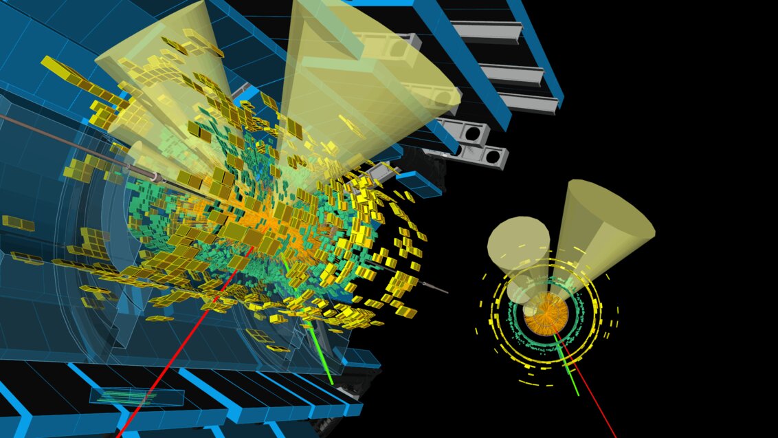 A visualisation of the Pb-Pb collision registered by the ATLAS detector in 2018. The collision produces a candidate top quark pair, which decays into an electron (green line), a muon (red line), and particle jets (yellow cones).