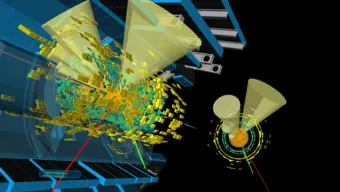 Wizualizacja zderzenia ołów-ołów zarejestrowanego przez detektor ATLAS w 2018 r. W wyniku zderzenia powstaje kandydat na parę kwarków szczytowych, która rozpada się na elektron (zielona linia), mion (czerwona linia) oraz strumienie cząstek (żółte stożki).