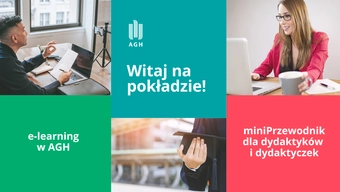 Grafika dekoracyjna z hasłami: "Witaj na pokładzie!", "e-learning w AGH", "MiniPrzewodnik dydaktyka i dydaktyczki 2025/2026".