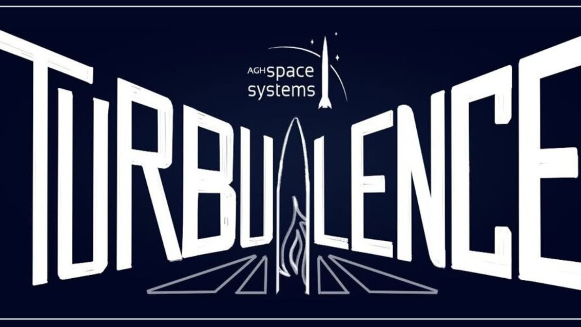 The image presents the word "TURBULENCE" in bold, white letters on a dark blue background, with the "AGH Space Systems" logo featuring a rocket and stars above it.