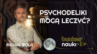 Grafika ilustracyjno-informacyjna z podtytułem odcinka („Psychodeliki mogą leczyć?"), imieniem i nazwiskiem gościa-rozmówcy oraz jego zdjęciem.