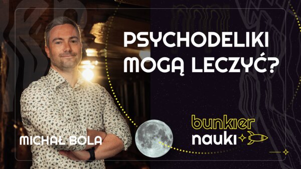 Grafika ilustracyjno-informacyjna z podtytułem odcinka („Psychodeliki mogą leczyć?"), imieniem i nazwiskiem gościa-rozmówcy oraz jego zdjęciem.
