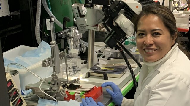 Dr Gloria Lesly Jimenez Miranda podczas pracy w laboratorium badawczym. Naukowczyni w białym fartuchu siedzi przy stanowisku wyposażonym w specjalistyczną aparaturę laboratoryjną i mikroskop.