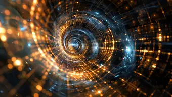 Abstrakcyjna grafika dekoracyjna. Obraz przypomina oświetlone spiralnie wnętrze tunelu. Wrażenie spirali dają rozpędzone punkty świetlne.