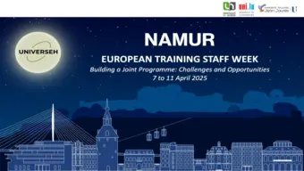 Grafika dekoracyjno-informacyjna z nazwą i datą wydarzenia oraz graficzną panoramą miasta Namur.