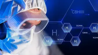 A decorative image of a scientist in protective workwear with symbols of elements on the right side of the image