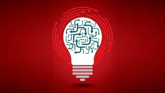 A light bulb illustration with a circuit-like brain pattern inside, set against a vibrant red background with concentric circular patterns.