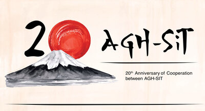 A decorative image of the 20th anniversary of cooperation between the AGH University and SIT. A painting of a Japanese mountain on the left with a large number two and a red sun representing zero behind the mountain; "AGH-SIT" written in a Japanese font style