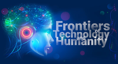 Abstract graphic with a holographic human head shape and the text Frontiers of Technology and Humanity