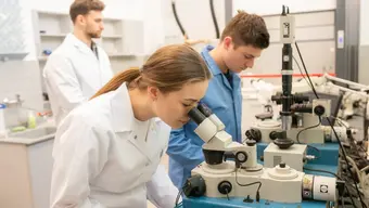 Laboratorium. Trzy osoby pracują przy mikroskopach optycznych. Na stole znajdują się profesjonalne stanowiska badawcze z mikroskopami i elementami aparatury pomiarowej. W tle widoczne są blaty robocze, zlew laboratoryjny oraz szafki.