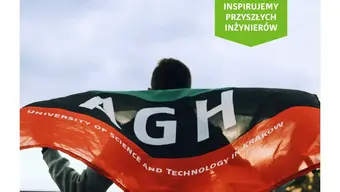 Na zdjęciu widoczny fragment okładki najnowszego numeru "Biuletynu" (osoba trzymająca za plecami powiewającą flagę AGH oraz napis "inspirujemy przyszłych inżynierów").