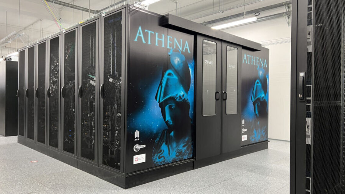 Image of a supercomputer consisting of numerous servers with an image of athena on the side