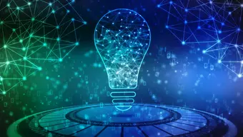 A digital light-bulb made of connected nodes, surrounded by abstract network patterns and binary code.