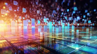 Kolorowa, abstrakcyjna grafika 3D przedstawiająca zawieszone w przestrzeni geometryczne elementy (kwadratowe i prostokątne), które wpasowują się w podłoże ułożone z cyfrowych paneli.