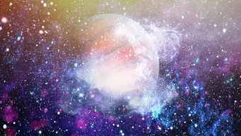 A colorful cosmic scene with a glowing planet, stars, and vibrant nebulae in shades of purple, blue, and orange.
