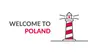 Logo of the Welcoe to Poland programme with the name of the programme on the left and a picture of a red and white lighthouse on the right
