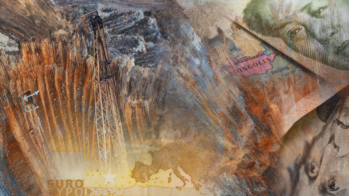 Grafika ilustracyjna przedstawiająca szyb górniczy, banknoty i mapy