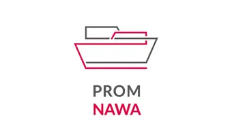 A promotional image of NAWA PROM, a funding programme. A graphic representation of two outlined ferries connected to each other. Below the graphic, the text “PROM” appears in grey and “NAWA” in red.