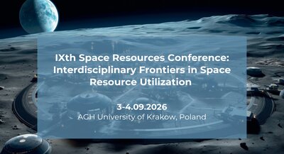 A poster of the conference with its name, date, and place. The background is an image of a futuristic village on the surface of a rocky planet.
