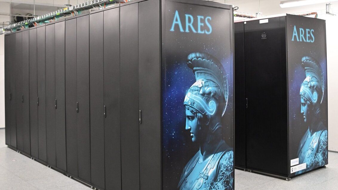 Ares, a supercomputer. Servers locked in black cabinets.