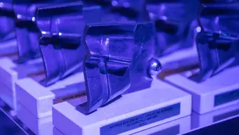 Image of a multiple awards photographed in a purple light