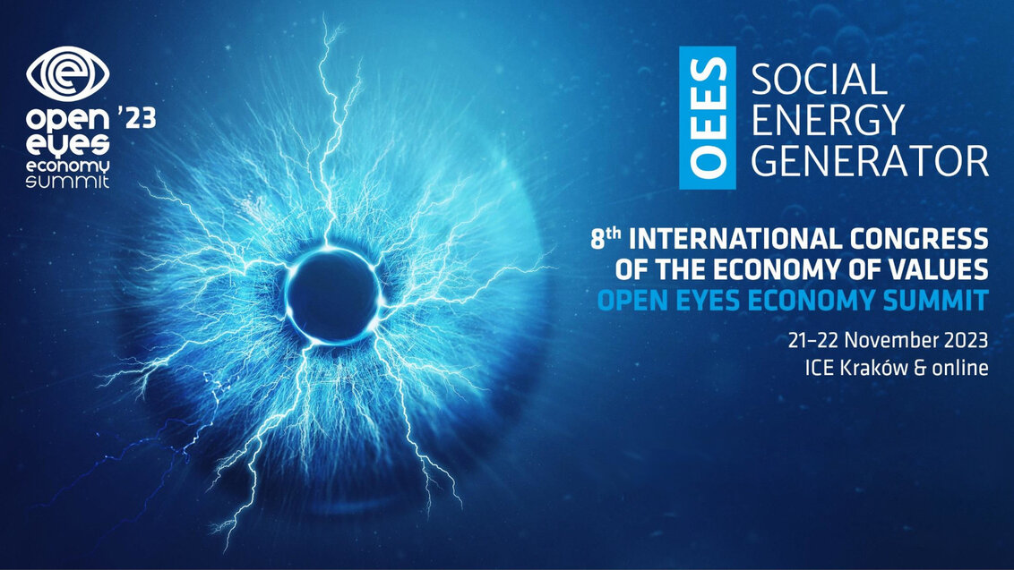 Poster of the 2023 Open Eyes Summit, dark blue backround with a blue eye on the left and information about the event on the right