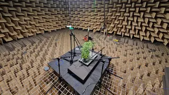 Zdjęcie wykonane w komorze bezechowej. Na środku pomieszczenia na czarnej prostokątnej płycie sadzonka pomidorów, a wokół niej 8 mikrofonów.