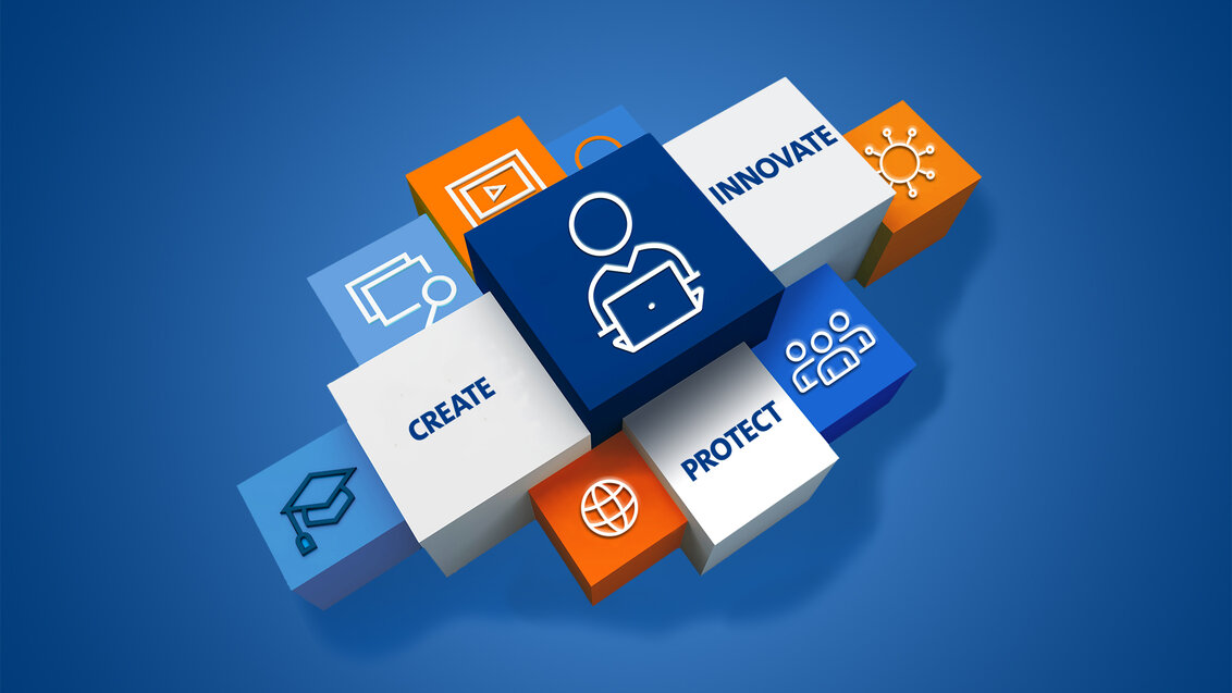 Image of blue, white, and orange blocks with various icons on top, representing education, innovation, and protection
